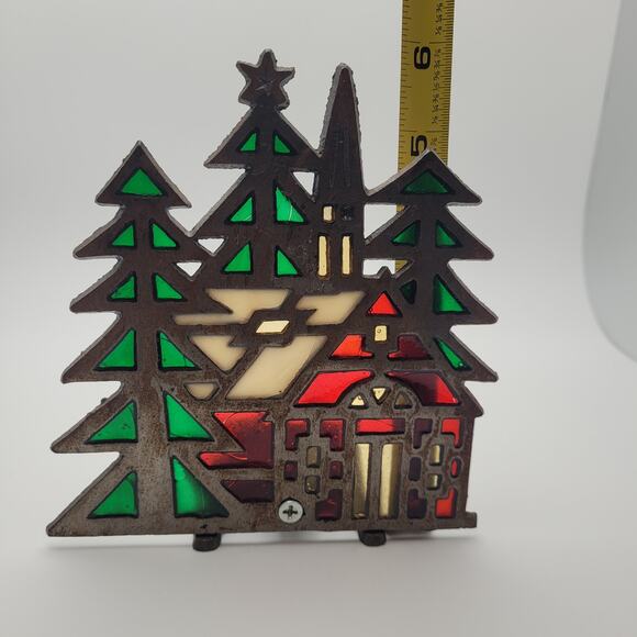 VTG Cast Iron Stained Glass Tea Light Holder Church Trees Taiwan Holiday Cozy - Picture 7 of 10